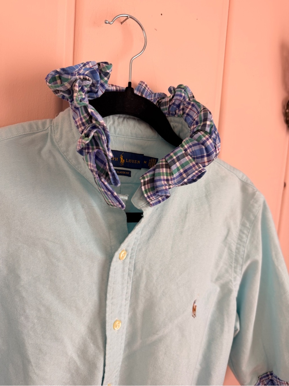 Ralph Lauren upcycled Light Blue Button-Front Shirt with Plaid Trim SzM - Picture 2 of 5